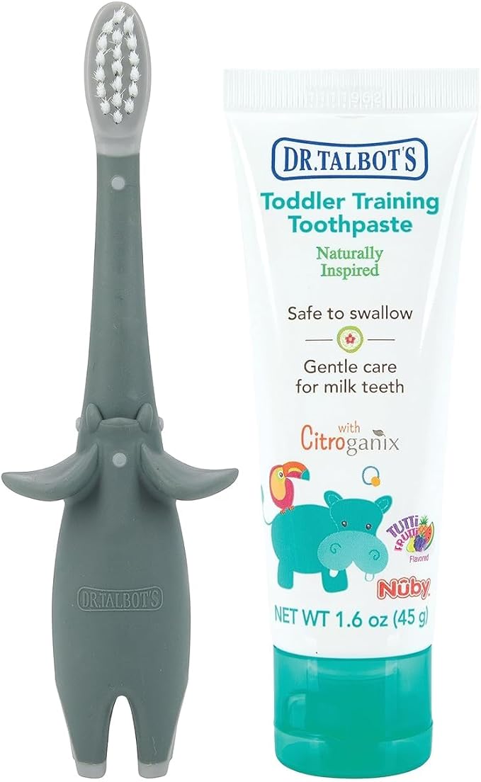 Toddler Training Toothbrush and Natural Kids Toothpaste with Citroganix - 1.6 oz - Fluoride-Free Toothpaste and Toddler Toothbrush - 6+ Months - Elephant