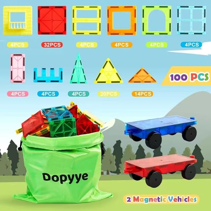 Magnetic Building Tiles for Kids, 100 PCS Magnetic Blocks with Storage Bag, Magnet Tiles STEM Educational Stacking Toys Gift for Toddler Ages 3 4 5 6 7 8 9