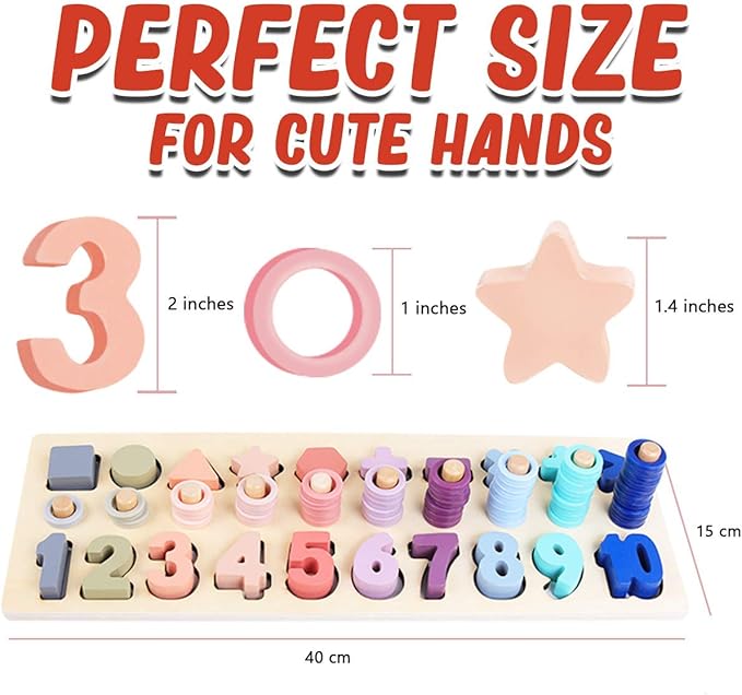 CozyBomB Montessori Educational Wooden Shape & Number Puzzle Blocks - Preschool Learning Toys for Boy & Girl (Macaron)