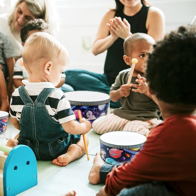 Kid Drum Set,8 Inch Wooden Drum Toys,Sensory Educational Musical Instrument Toy with Adjustable Strap,2 Drumsticks for Toddler,Baby Girls Boys, Astronauts Animals Dinosaurs