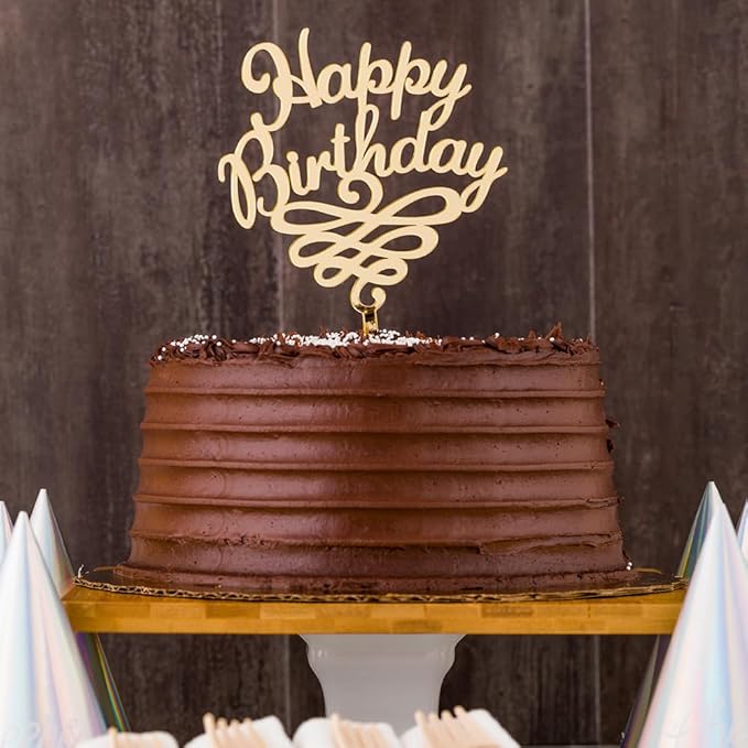 Restaurantware Top Cake Happy Birthday Cake Topper 1 Mirrored Birthday Cake Decoration - With Swirls Durable Gold Acrylic Birthday Topper For Cakes Party Decoration for Birthday