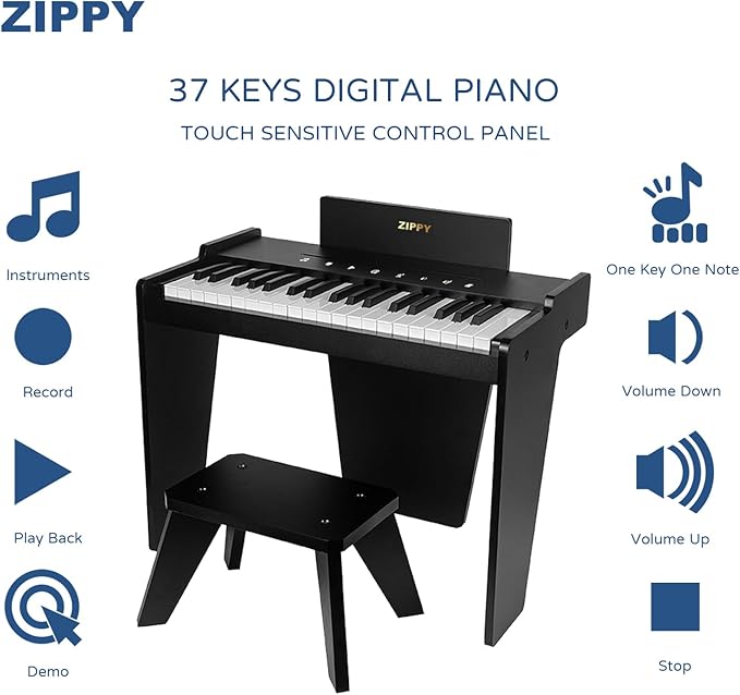 ZIPPY Kids Piano Keyboard, 37 Keys Digital Piano for Kids, Touch Sensitive Control Panel, Built-in Songs, Volume Adjustable, Music Educational Instrument, Wood Piano for 3+ Girls and Boys, Black Plus