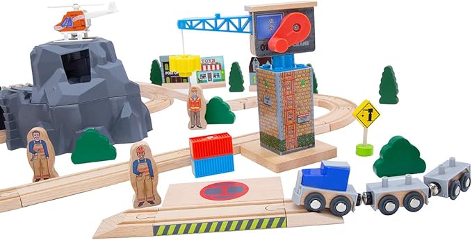 ORBRIUM Lift and Load Wooden Train Set with Magnetic Crane, Magnetic Helicopter, Large Diesel Engine, Semi-Truck, Shipping Container Flat Car Compatible with Thomas, Brio, Chuggington, Melissa & Doug
