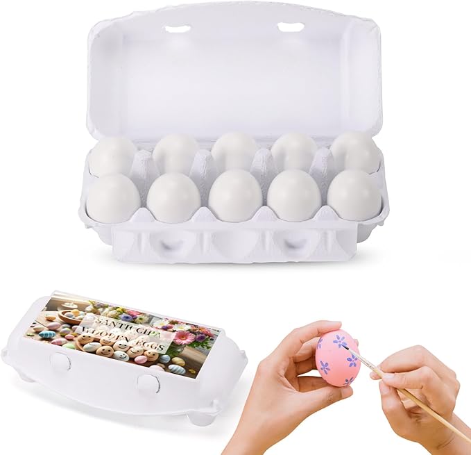 White Fake Easter Eggs, 10-Count Wooden Eggs in Carton for Painting and Crafts, Food Toys for Kitchen Play and Room Decor, Eggs for Nesting Boxes and Poultry Incubators.