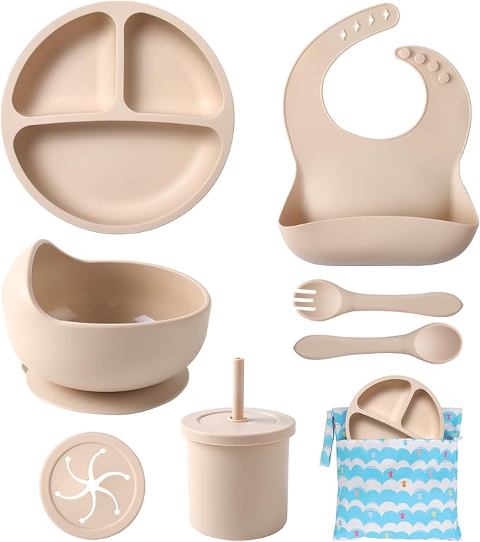 ECLIP Silicone Baby Feeding Set, 10 Pcs Baby Led Weaning Supplies with Suction Bowl Divided Plate Adjustable Bib Soft Spoon Fork Snack Cup with Lid Drinking Cup, Utensil (Beige)