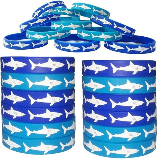Shark Rubber Bracelets - Wristbands for Shark Themed Parties, Adults‘ Wearables, Birthday Favors - Pack of 24