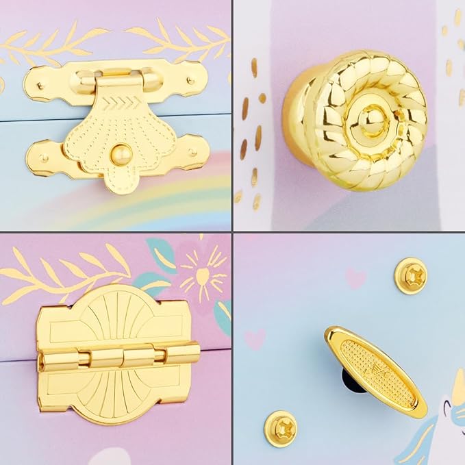 RR ROUND RICH DESIGN Music Jewelry Box with Drawer for Girls Foil Gold Unicorn Theme Spinning Playback the Tune for Beautiful Dream Song Pink-Green