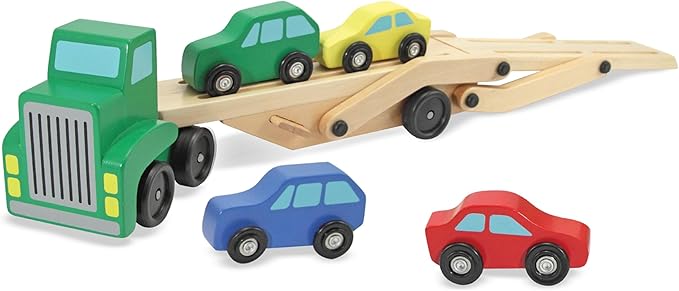 Melissa & Doug Car Carrier Truck and Cars Wooden Toy Set With 1 Truck and 4 Cars Wooden Vehicle Toys, Push And Go Trucks For Toddlers And Kids Ages 3+