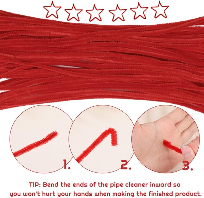 60 Red Pipe Cleaners, Chenille Stem Craft Supplies for Home Decoration & Arts Projects