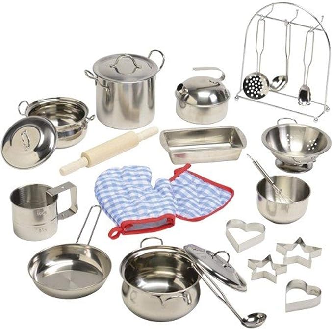 Constructive Playthings Kid-Sized Stainless Steel Cookware for Pretend Play, Ages 4-8