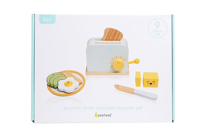 Pearhead Brunch Time Montessori Toy Toaster Oven Set, Wooden Developmental Learning Toys, Pretend Play Kitchen Set for Toddlers Ages 3+ Years, 9 Piece Wooden Play Toy Set