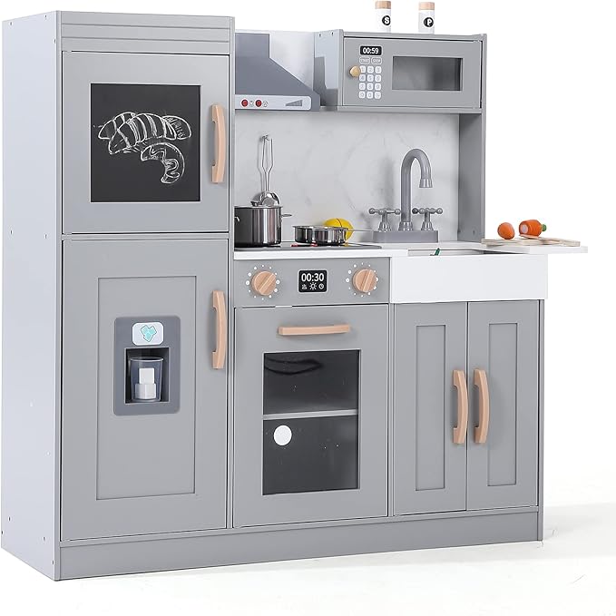 Wooden Play Kitchen with Cookware Accessories, Wooden Chef Pretend Play Set with, Wooden Cookware Pretend with Microwave, Oven, Sink, Real Lights & Sounds, Grey (201GA)