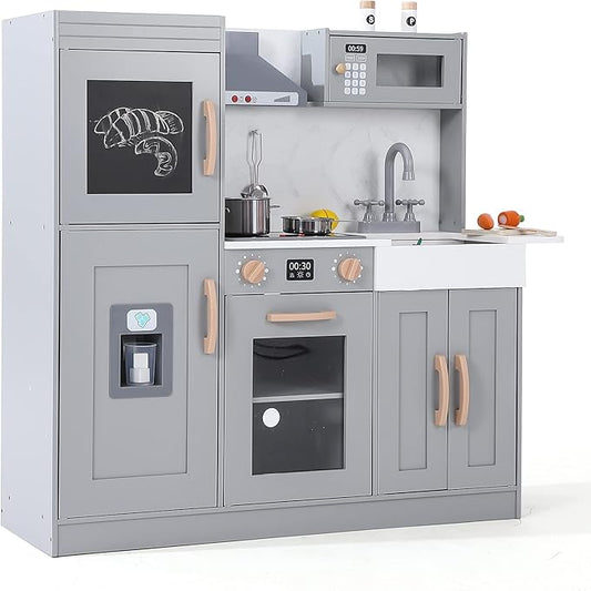 Wooden Play Kitchen with Cookware Accessories, Wooden Chef Pretend Play Set with, Wooden Cookware Pretend with Microwave, Oven, Sink, Real Lights & Sounds, Grey (201GA)