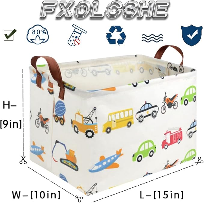 FXOLCSHE Rectangular Car basket,Car toy storage box,Collapsible Car Storage basket for boys,Waterproof PE Coating Storage,bedroom decor,Nursery hamper,Toy Organizer,Gift Basket(Vehicles)