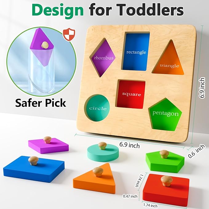 Wooden Shapes Puzzles for Toddlers 1-3, Montessori Toys for 1 2 Year Old Boy Birthday Gifts, Shape Color Match Peg Puzzles, Learning Educational Toys for Toddlers Age 1 2 Year Old Girl