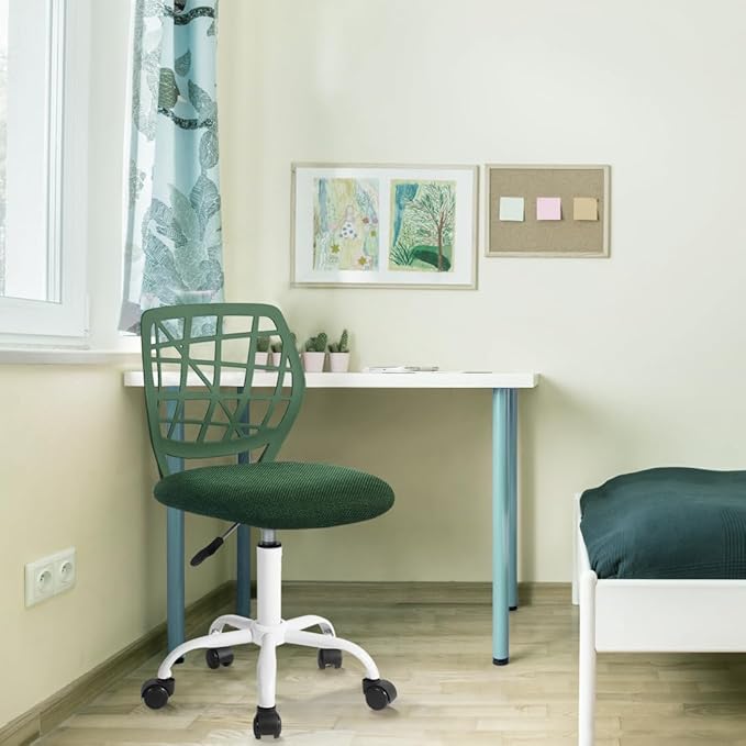 Kids Desk Chair, Fabric Office Chair Armless Small Mid Back Swivel Children Computer Task Chair Ergonomic Height Adjustable Study Chairs with Swivel Padded Cushion and Rolling Wheels, Dark Green