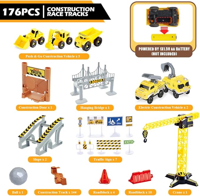 Construction Race Tracks Set, Flexible Train Tracks w/ 2 Electric Construction Race Vehicles w/Lights, STEM Engineering Race Track Toys with Dump Truck, Crane Assort Acessories for Boys Girls