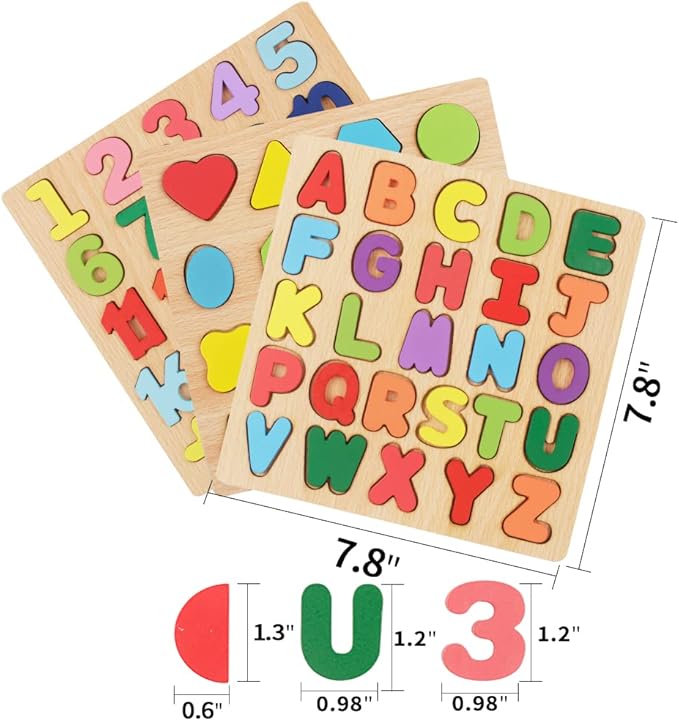 Puzzles for Toddlers, 3 Pack Wooden ABC Alphabet Number Shape Puzzles Toddler Learning Toys for Kids 2-4 Years Boys Girls, Montessori Preschool Educational Gift Learning Letter Puzzles Toys Ages 1-3
