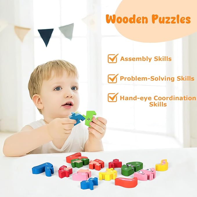 LovesTown Rabbit Wooden Puzzles, 26PCS Alphabet and Number Building Blocks Wood Jigsaw Puzzle for Kids Preschool