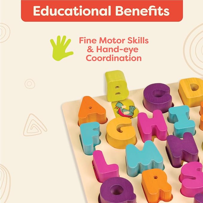 B. toys- Alpha B. Tical– Wooden Alphabet Puzzle – 26 Letter Pieces – Chunky Wooden Puzzle – Educational Toys for Toddlers, Kids – 18 Months +