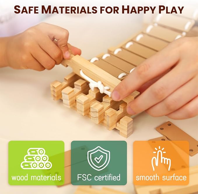 Jovi-mindly 96 PCS Wooden Blocks Wooden Toys with Storage Bag, Preschool Learning Toys Wood Blocks Building Toys for Kids Ages 4-8 Creative Construction Game,FSC Certified