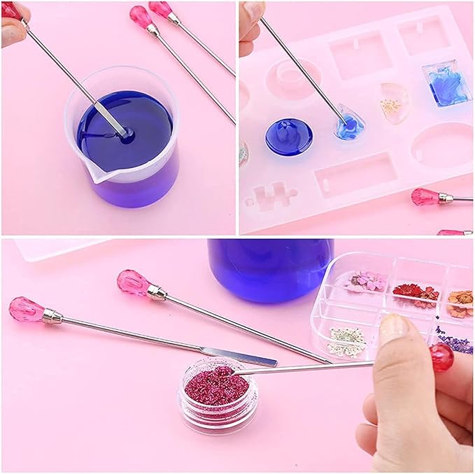 11 Pcs Silicone Resin Mold Tools Set Stirring Needle Spoon Tool Tweezers Precision Kit, Anti-Static Electronics Tweezers Set for Resin Art Crafts,Jewelry Making,DIY Epoxy Casting Molds-Rose Red & Pink