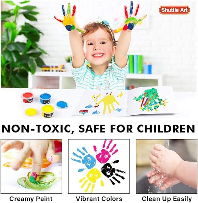 Shuttle Art Washable Finger Paint, 44 Pack Kids Paint Set with 36 Colors Toddler Paints(30ml, 1oz) for Toddlers, Paint Brushes, Finger Paint Paper Pad, Palette, Non Toxic Paint for Kids Art & Craft