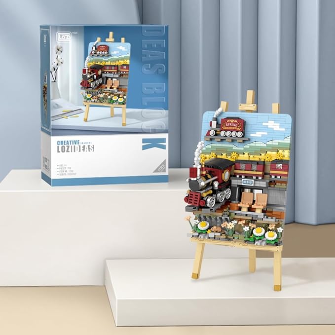 LOZ 1296 Mini Blocks Building Sets,3D Art Framed Train Station Building Kit,MOC Street View Creative Model Set,Creative DIY Bricks Toys for Adults Boys - 758 PCS (1296)
