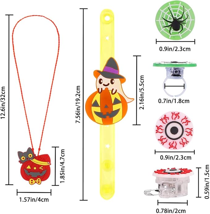 YUJUN 68PCS Halloween Light up Toys,Halloween Party Favors Flashing Ring Bracelets Necklace Glow in The Dark for Kids Halloween Treats Games Prizes Candy Goodie Bag Fillers