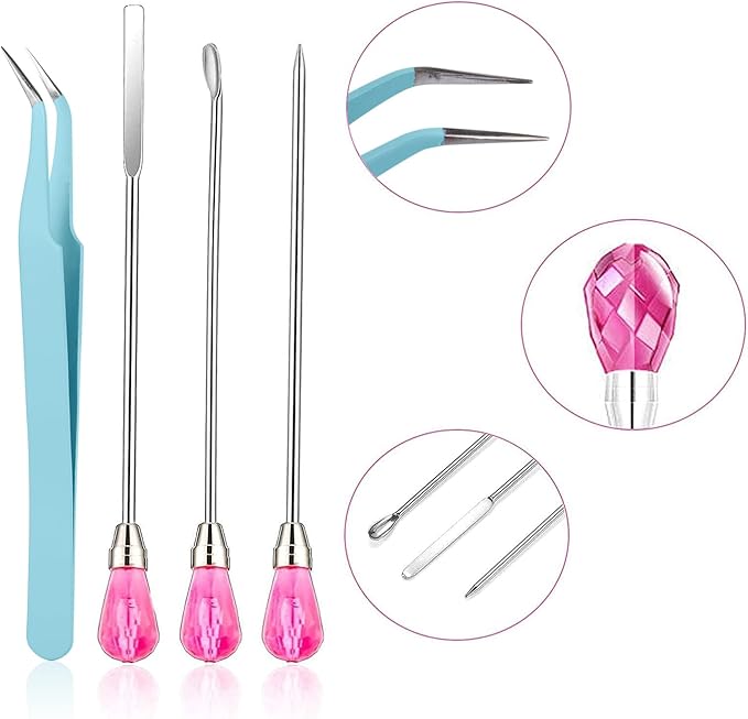 11 Pcs Silicone Resin Mold Tools Set Stirring Needle Spoon Tool Tweezers Precision Kit, Anti-Static Electronics Tweezers Set for Resin Art Crafts,Jewelry Making,DIY Epoxy Casting Molds-Rose Red & Cyan