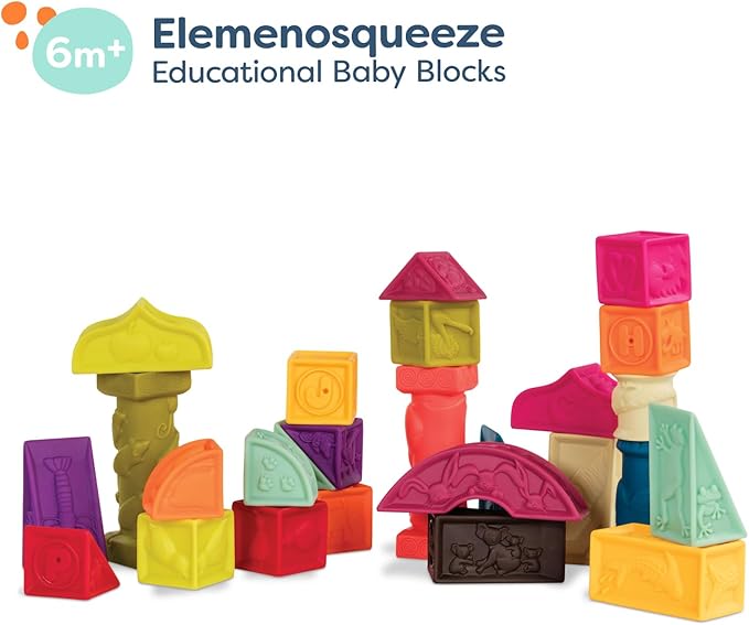 B. toys- B. baby- Elemenosqueeze- Baby Blocks- 26 Soft Sort & Stack Blocks With Alphabet – Architectural Building Blocks – Shapes, Letters & Animals – 6 Months +