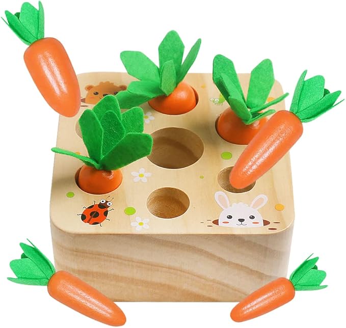 Skrtuan Montessori Toys for Babies 6-12 Months, Wooden Toys for 1 2 3 Year Old Toddlers, Educational Carrot Harvest Shape Sorting Matching Puzzle, Developmental Birthday Gifts for Boys and Girls