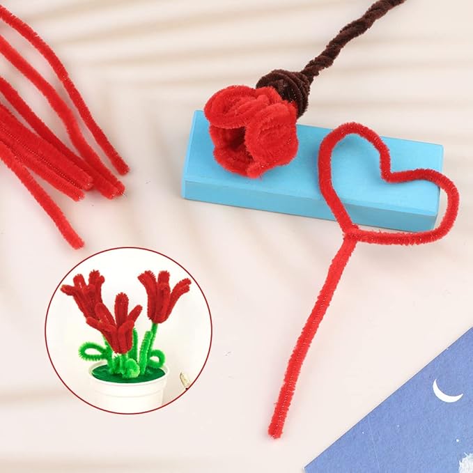 60 Red Pipe Cleaners, Chenille Stem Craft Supplies for Home Decoration & Arts Projects
