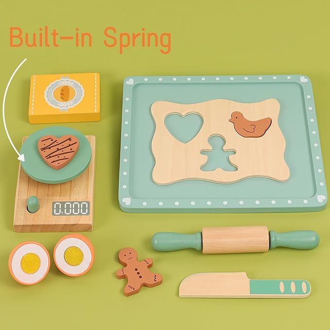 Wooden Cookie Bake Play Food Set, Pretend Play Cookies and Baking for Toddlers, Montessori Play Kitchen Accessories Wooden Food Set for Kids (Cookie Maker)