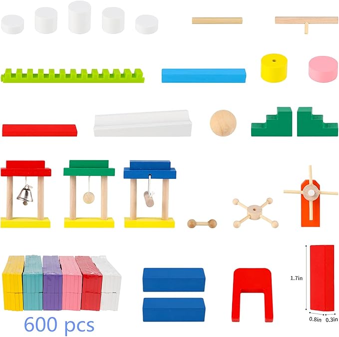 Wondertoys 600 PCS Dominoes Set for Kids Wooden Building Blocks 6 Colors Bulk Dominoes Racing Tile Games Educational Toy for Kids Birthday Party with 11 Add-on Blocks and 1 Storage Bag