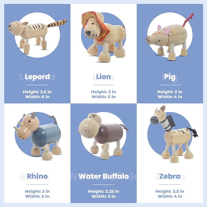 TEKOR Bendable Wooden Animal Toys (Set of 12) | Ages 3 & up | Fun & Posable Animals for Toddlers | Preschool Montessori Toys | Smooth Natural Wood | Endless Play for Girls & Boys