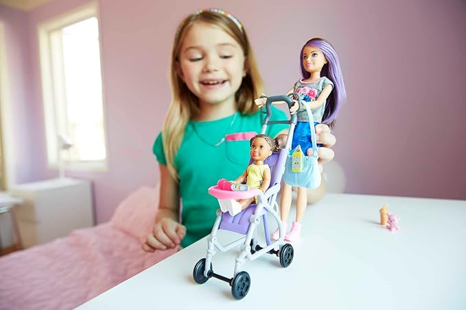 Barbie Skipper Babysitters Inc 2 Dolls & Accessories, Set with Brunette Skipper Doll, Small Doll & Bouncy Stroller (Amazon Exclusive)