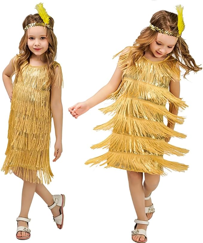 IDOPIP Kids Girls 1920s Flapper Dress Vintage Sequins Fringe Gatsby Halloween Party Dress up with Feather Headband Costumes