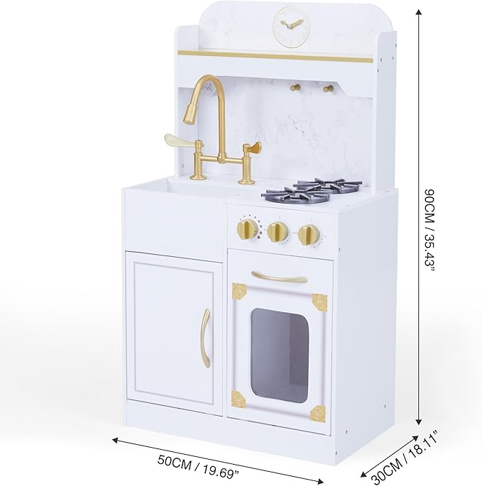 Teamson Kids Versailles Petite Classic Kids Wooden Interactive Play Kitchen, White with Faux White Marble and Gold