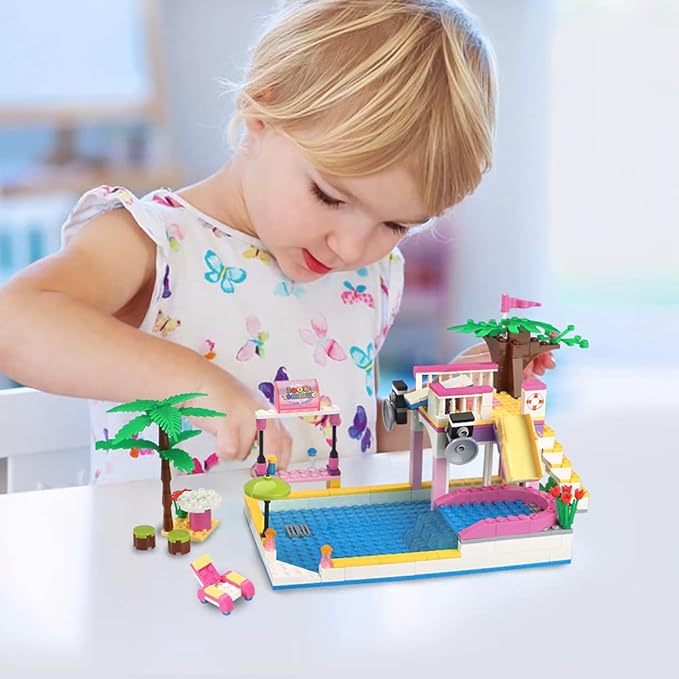 BRICK STORY Dream Girls Friends Summer Pool Party Building Sets with Diving Platform Slides Juice Bar Sun Lounger Palm Tree Summer Fun Water Park Pool Building Blocks Gift for Kids Aged 6-12 (302 PCS)
