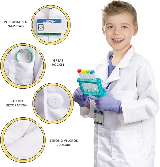 Scientist Costume for Kids, Lab Coat with Science Experiment Kit, Dress Up & Pretend Play for Boys Girls Ages 4 to 8 Years Old