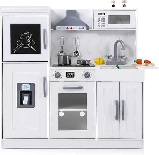 White Wooden Play Kitchen Set, Kitchen Playset with Cookware Accessories, Microwave, Oven, Sink, Real Lights & Sounds - Perfect for Chef Pretend Play