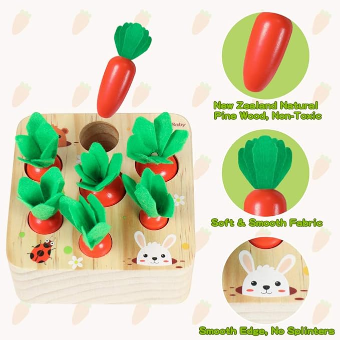 YOFUN Montessori Toys for Toddler - Carrot Harvest Wooden Matching Puzzle, Shape & Size Sorting Games for Developing Fine Motor Skill, Educational Gift for Baby Boys Girls, Made of Natural Pine Wood