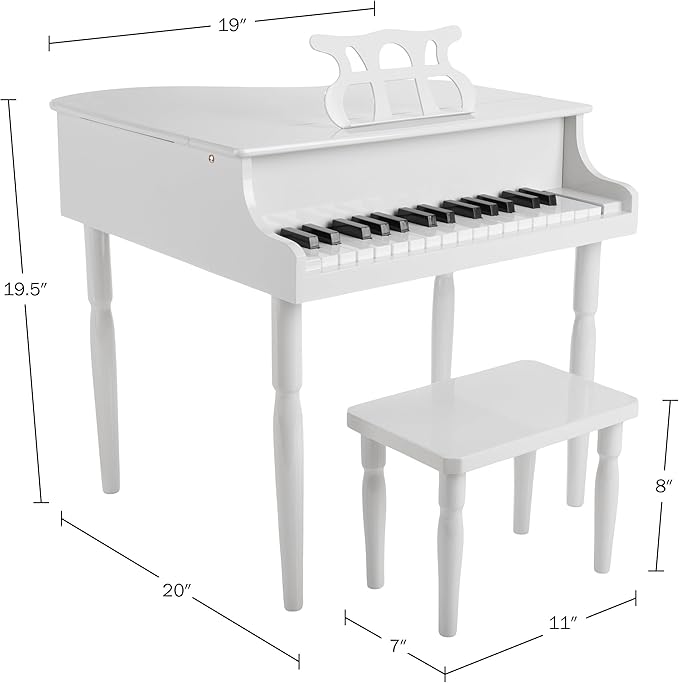 Kids Piano - 30 Key Mini Grand Piano with Music Stand, Bench, and Note Stickers - for Beginners - Instruments for Kids by Hey Play (White)
