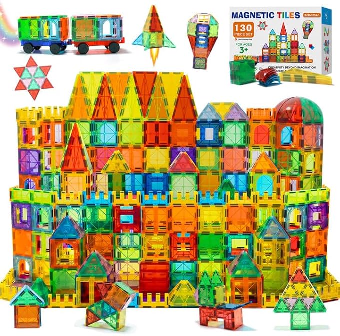 EchoPlan Magnetic Tiles, 130PCS Magnetic Blocks with 2 Cars, Magnet Tiles 3D Clear Building Blocks Set, STEM Sensory Educational Toys Gift for Toddlers Kids Boys 3 4 5 6 7 8 9+ Year Old