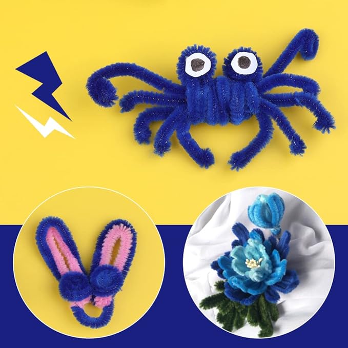 60 Blue Pipe Cleaners, Chenille Stem Craft Supplies for Creative Home Decoration Projects