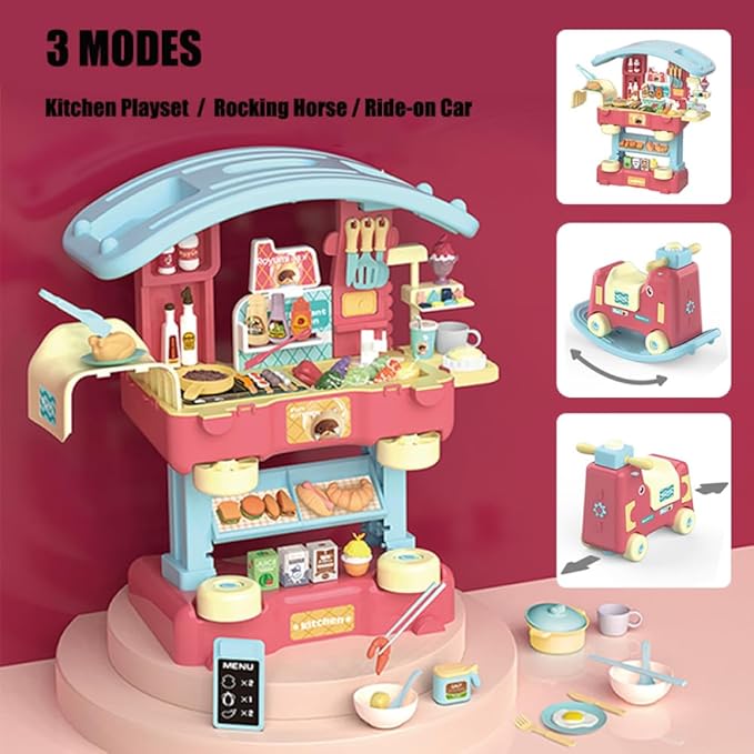 Kitchen Playset, 3 in 1 Kitchen Pretend Play, 68 PCS Realistic Cooking Accessories, Sounds, Lightnd, Running Water,Ideal Gift for Boys and Girls