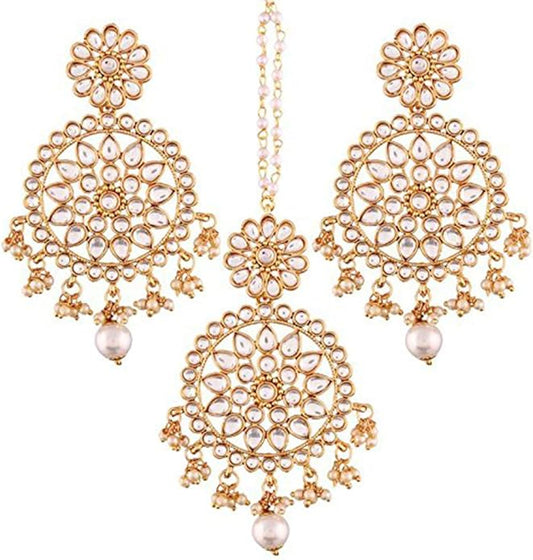Aheli Ethnic Faux Kundan Drop Pearl Beads Dangle Earrings Maang Tikka Set Bollyood Fashion Jewelry for Women & Girls