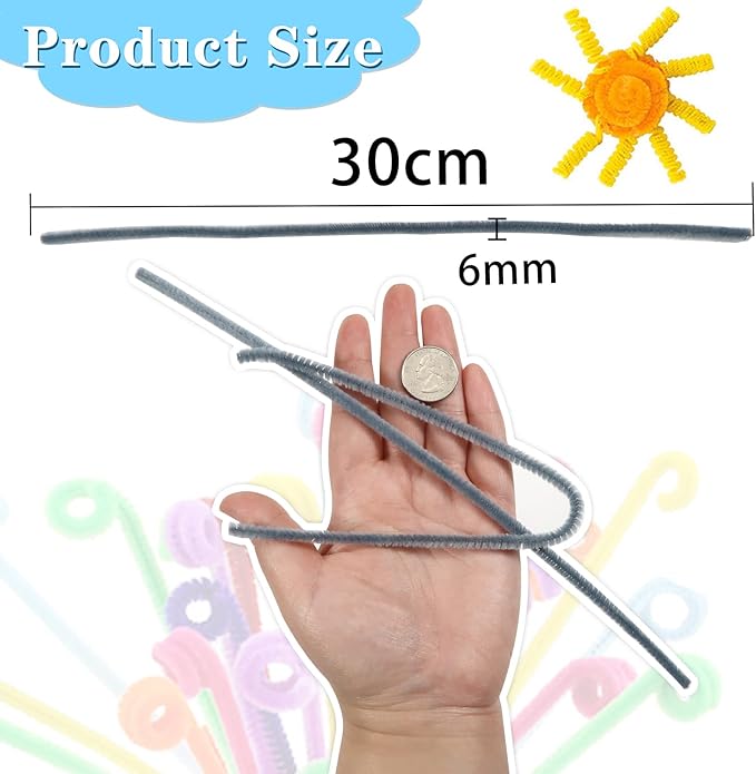 TOAOB 100pcs Pipe Cleaners Grey Chenille Stems 6mm x 12 Inch Fuzzy Sticks Craft Supplies for Art DIY Crafts Decorations