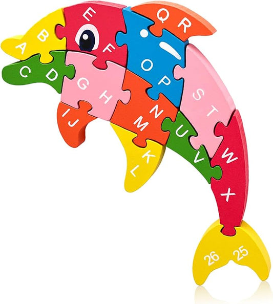 LovesTown Dolphin Wooden Puzzle, 26PCS Jigsaw Puzzle Alphabet and Number Blocks Wooden Building Blocks for Kid Toddlers Preschool